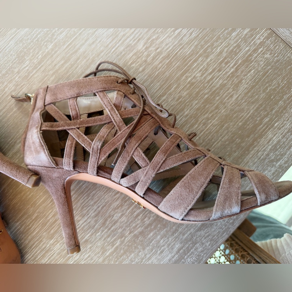 Pour La Victoire "Vada" Gladiator Heeled Sandals with Box/Dust Bag Taupe Suede 8